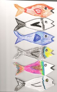 a chain of fish cut out of paper and coloured with crayons